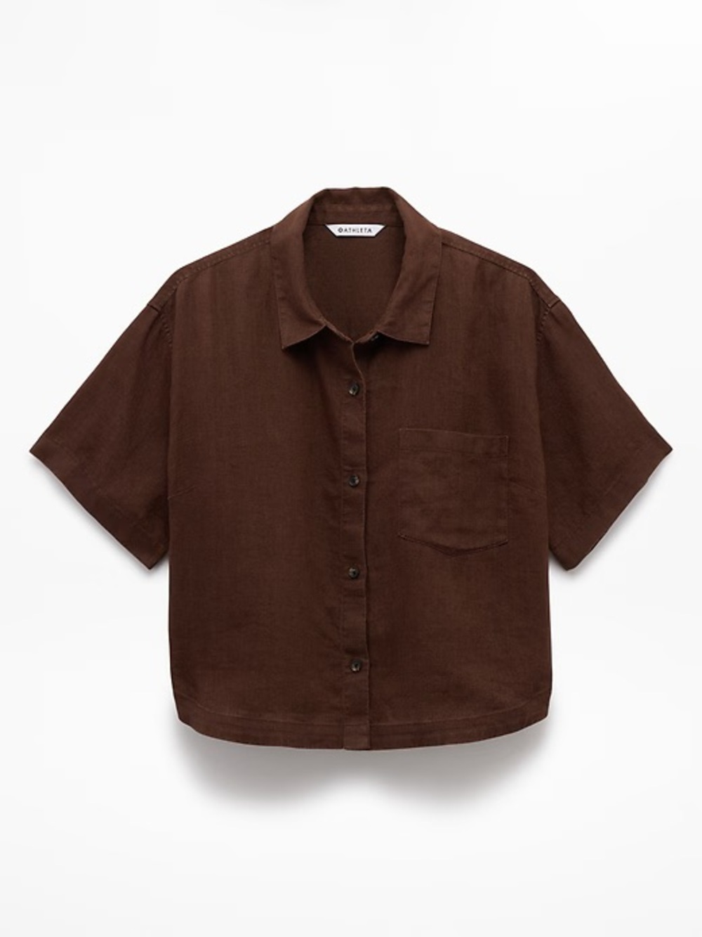Athleta Retreat Linen Short Sleeve Shirt Boxy Fit Woodland Brown 100% Linen XS - Picture 2 of 7